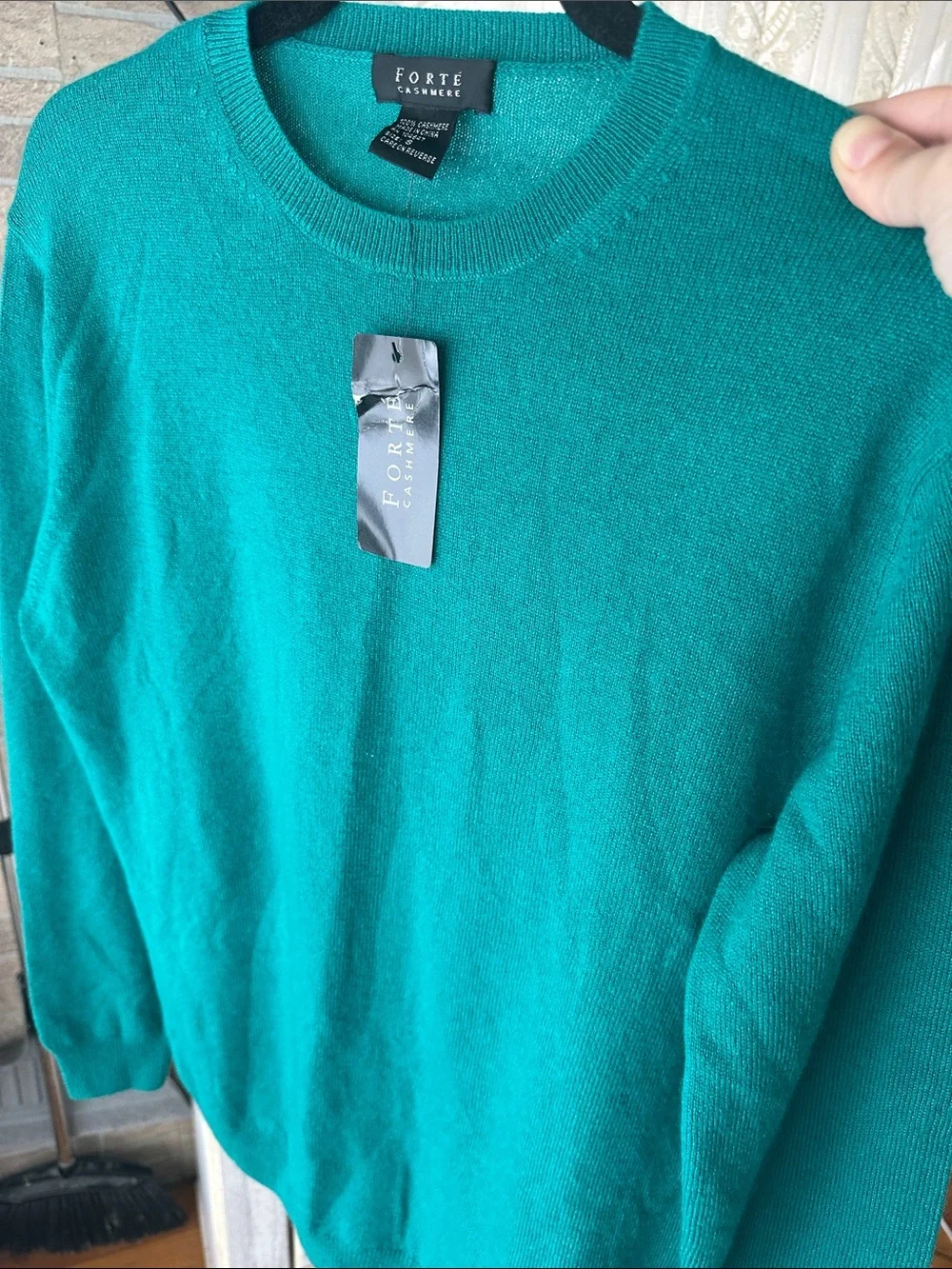NWT Forte Cashmere Classic Cashmere Crewneck Sweater Lightweight Green Blue S